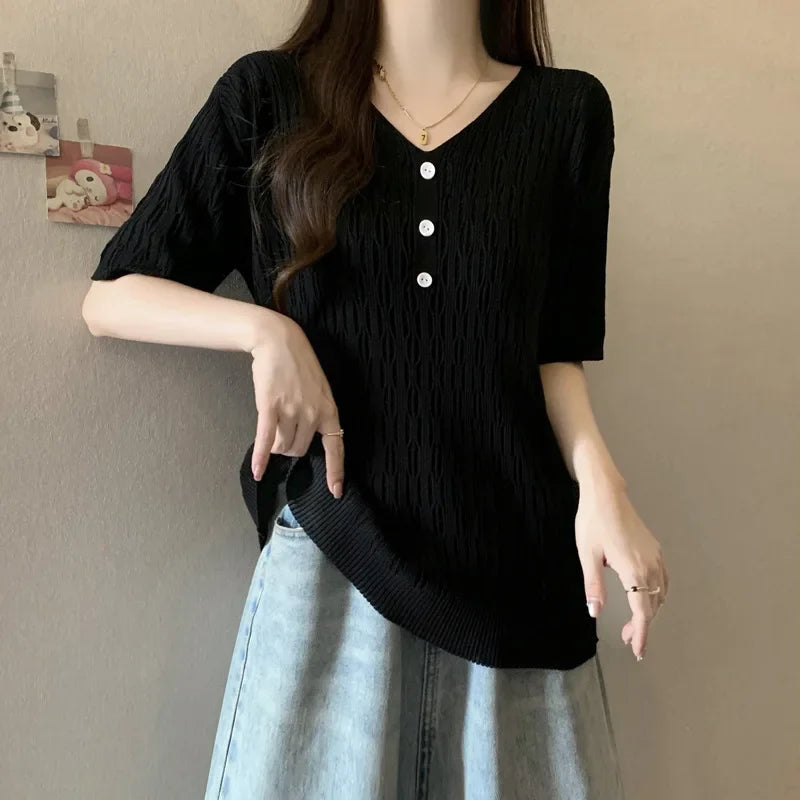 Plus Size Women's Summer New Style Slim Fit Knitted Top Belly Covering T-Shirt for Plump Sister V-Neck Big Code Sweater