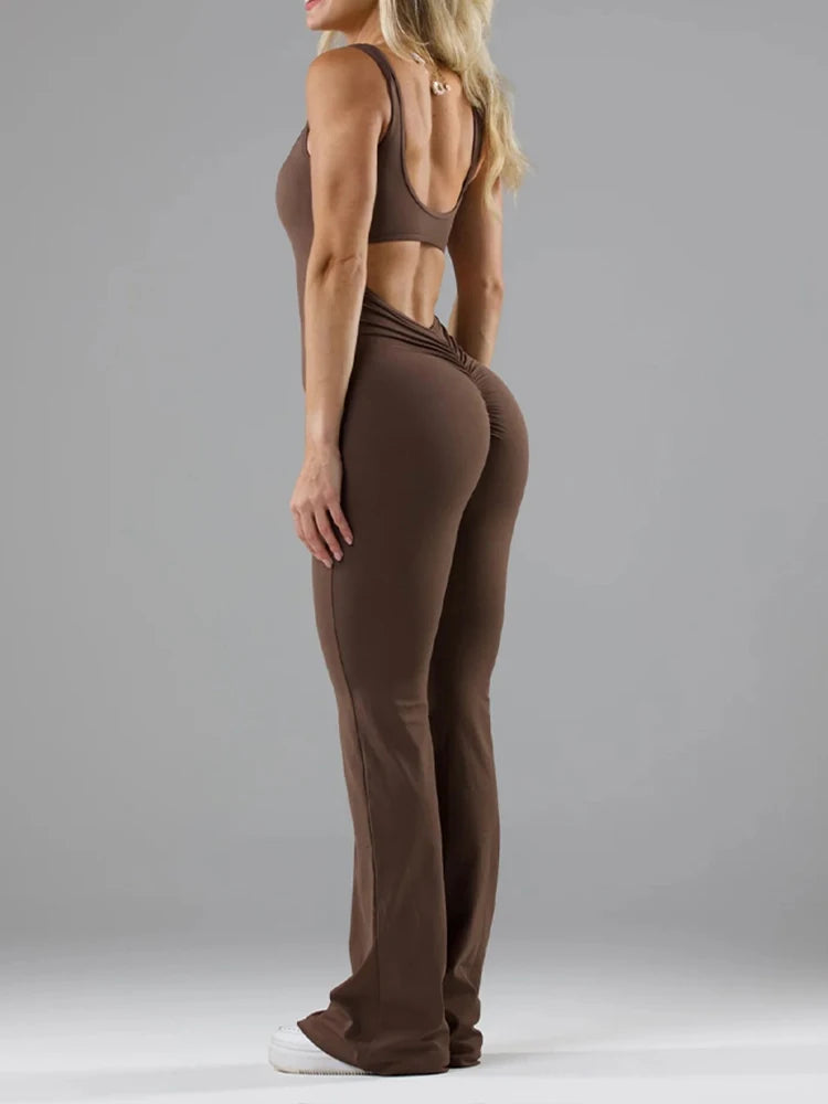 2025 Summer New Women's Sexy Hottie Style Backless One-piece Suit Sports Fitness Yoga Pullover One-piece Suit Flared Pants