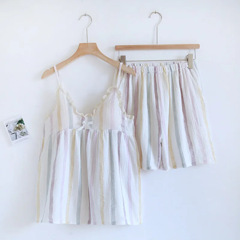 2025 Summer New Women's Two Piece Set of 100% Pure Cotton Crepe Cloth with Chest Cushion Sleepwear Sweet and Cute Home Fury 02