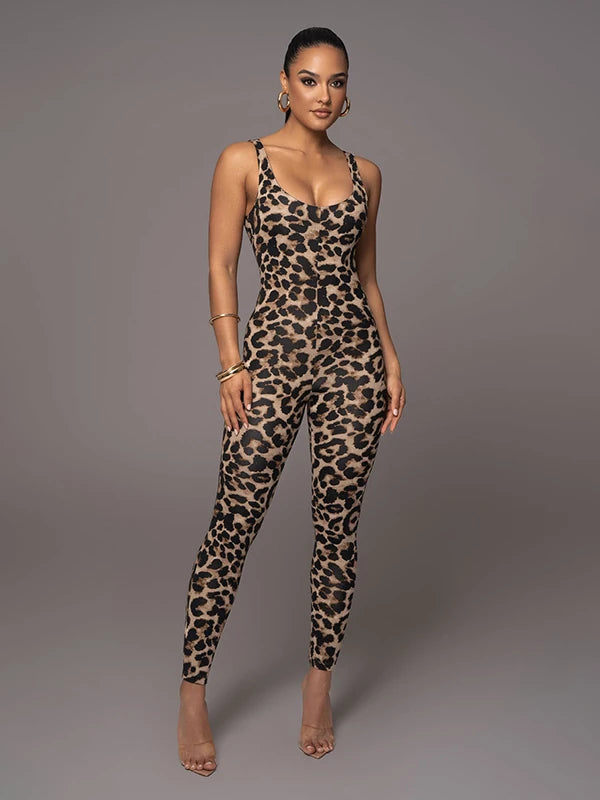 Women's Sexy Leopard Print Skinny Nightclub Jumpsuit Spaghetti-Neck Yoga Clothes Fitness Coverall Female Club Outfits
