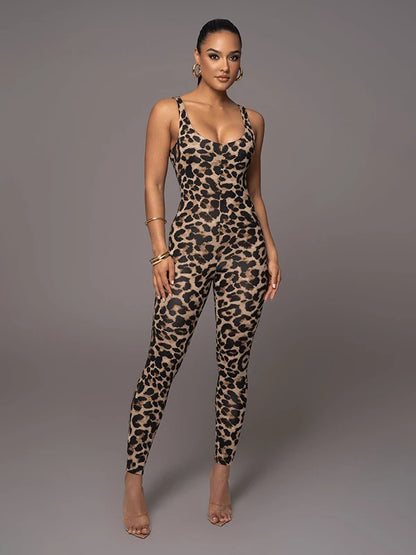 Women's Sexy Leopard Print Skinny Nightclub Jumpsuit Spaghetti-Neck Yoga Clothes Fitness Coverall Female Club Outfits