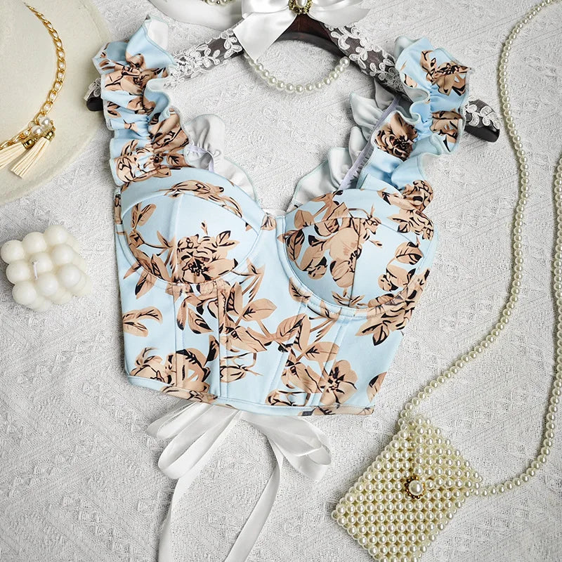 Sexy Bandage Ruffle Off Shoulder Slim Top Chic Straps Camis Slim Korean Tanks Top Elegant Crop Top Summer Women Bustier H149-Light Blue