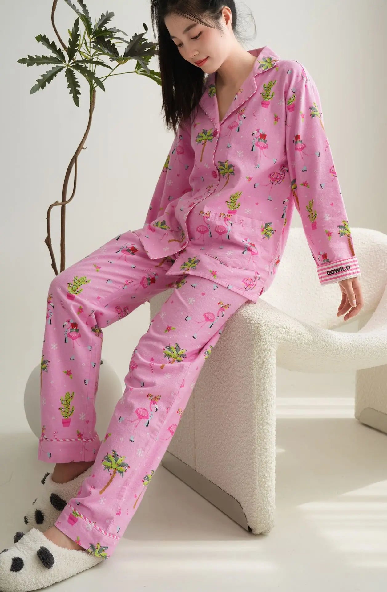 Women's Print Cotton Pajama Set Long Sleeve Autumn Winter Ladies Sleepwear 2 Pcs with Pant Single Breasted Pijama Suit Female