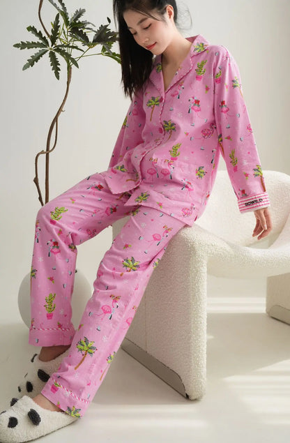 Women's Print Cotton Pajama Set Long Sleeve Autumn Winter Ladies Sleepwear 2 Pcs with Pant Single Breasted Pijama Suit Female