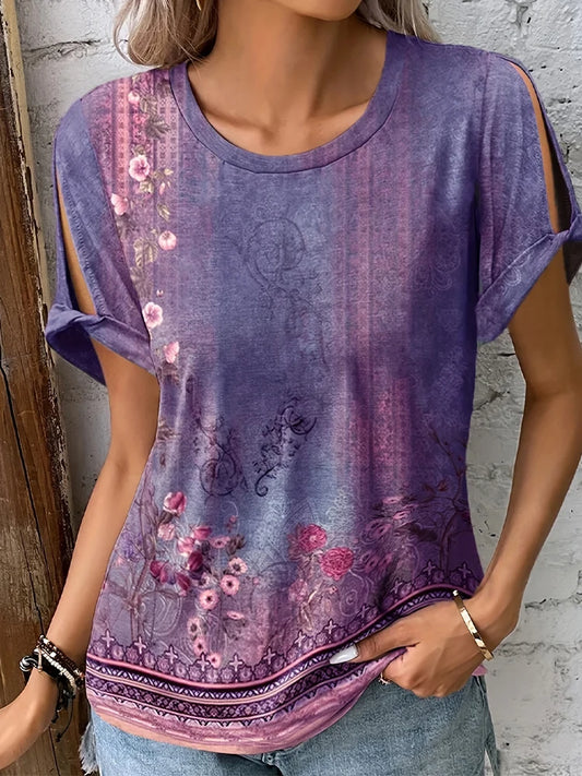 Plus Size 2024 Summer New Women's Printed Pattern Round Neck T-Shirt Short Sleeve Pullover Best for Summer Purple