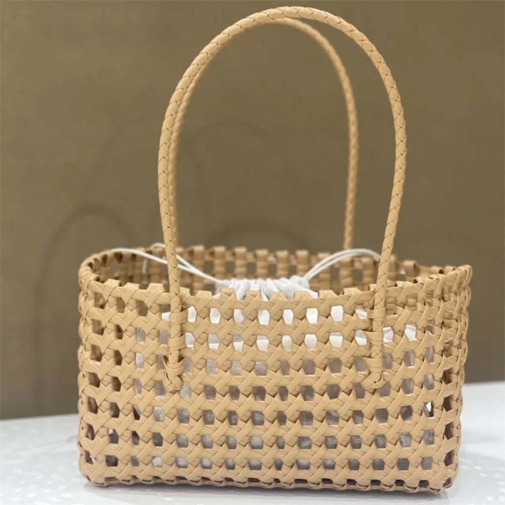 Plastic Hollow Weave Bag Countryside Style Bohemian Style Beach Tote Bag Large Capacity Bucket Bag Vegetable Basket Bag