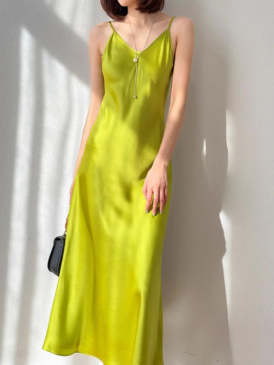 SuyaDream Woman Long Dress, 100%Real Silk, V Neck, Solid Spaghetti Strap Dresses, 2025 Elegant Chic Clothes Badiee Stylez