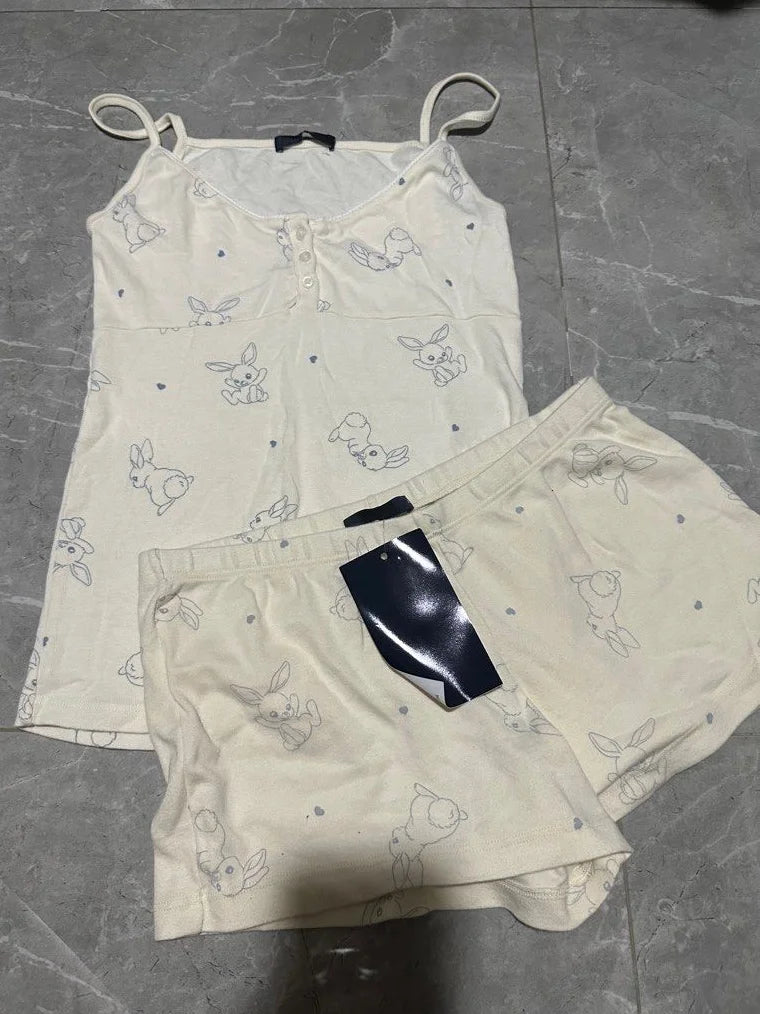 Blue Striped Tank Shorts Pajama Set Women Summer Sleeveless Crop Top+Elastic Waist Straight Short Pant Cotton Home 2 Piece Sets Bunny button top set One Size