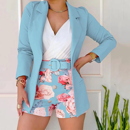 2 Pcs/Set Women Coat Shorts Set Solid Color Long Sleeves Female Outfit Set Flower Print Turn-down Collar Lady Top Shorts Suit