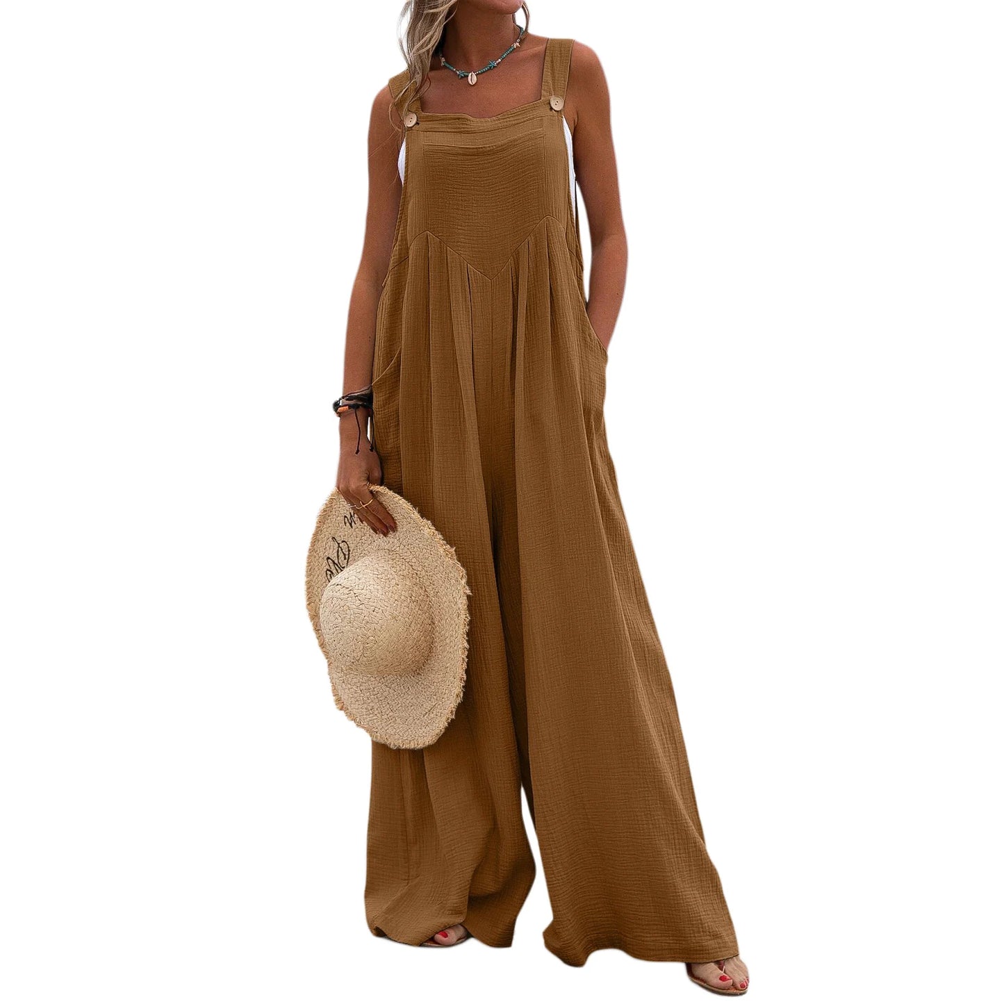 Overalls Women Summer Jumpsuit Outfits Plus Size Solid Color Casual Button Wide Leg Suspender Pants Overalls with Pockets Brown