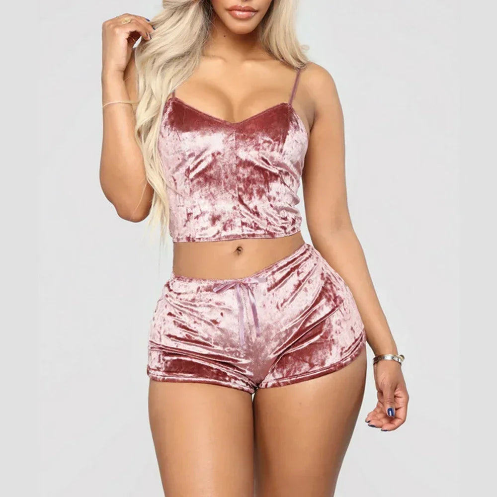 Women's Velvet Sleeveless V-neck Underwear Polyester Setcamisole+shorts Pajamas Set Comfortable Home Clothes Top Pants Pink