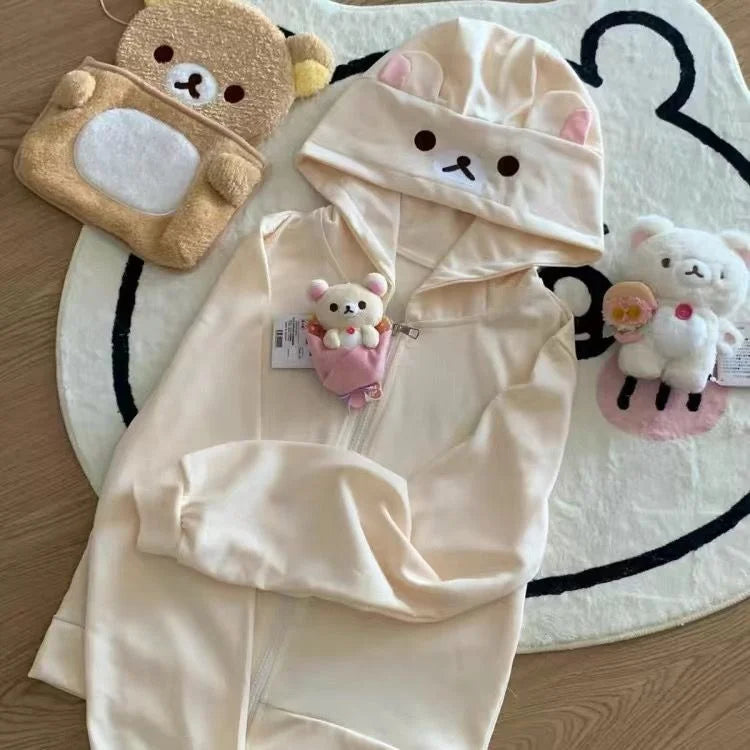 Cute Cartoon Hoodie Rilakkumaed Zip-up Hoodie Teddy Bear Ears Long Sleeve Jacket Fashion Women's Casual Cardigan Cotton Clothing