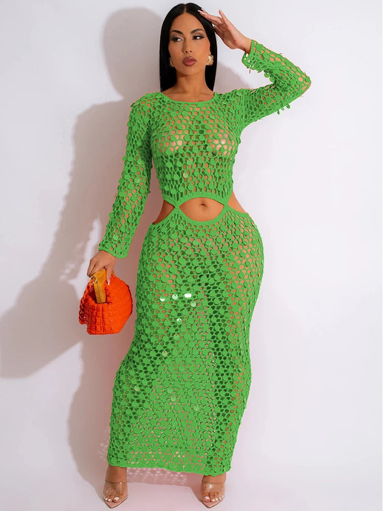 Joskaa Fishnet Knitting Hollow Sequins Maxi Dress Sexy See Through Holiday Long Sleeve Slim Summer 2023 Vacation Beach Dresses green