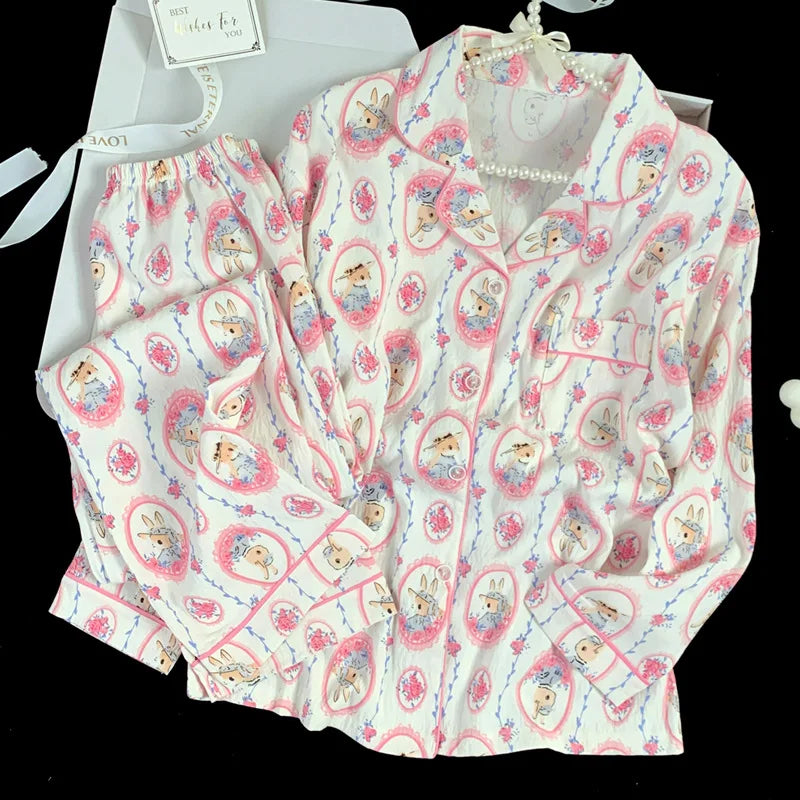 Spring and Autumn Women's New Cloud Cotton Pajamas Homewear Set Students Sweet Printing Long Sleeves Long Pants Pajamas Homewear