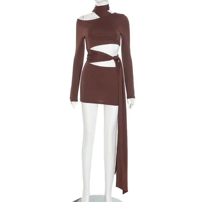 Nsauye Women New Fashion Halter Long Sleeve Mini Hollow Out Irregular Dress Outfits Elegant Sexy Night Club Lace Up Party Dress