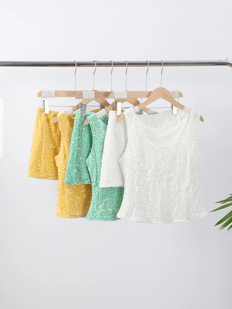 O-neck Vest Mini Skirt Suits Women Sexy sparkly Sequined Sleeveless Tank Tops With Bodycon Short Skirts Fashion Ladies Beachwear