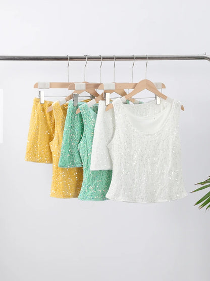 O-neck Vest Mini Skirt Suits Women Sexy sparkly Sequined Sleeveless Tank Tops With Bodycon Short Skirts Fashion Ladies Beachwear