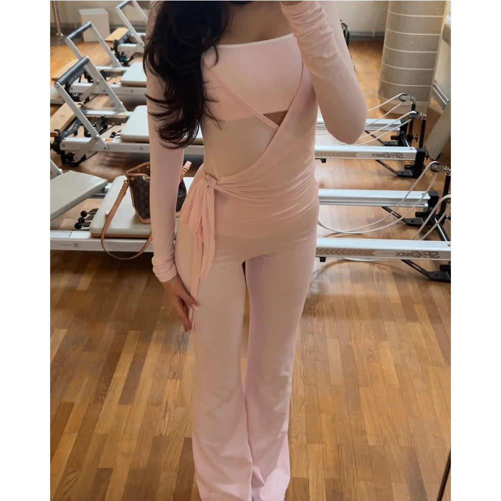 Women Summer y2k Yoga 2 Piece Outfits Casual Solid Tie up Hem Wrap Long Sleeves V-neck Crop Tops Elastic Flare Pants Tracksuits