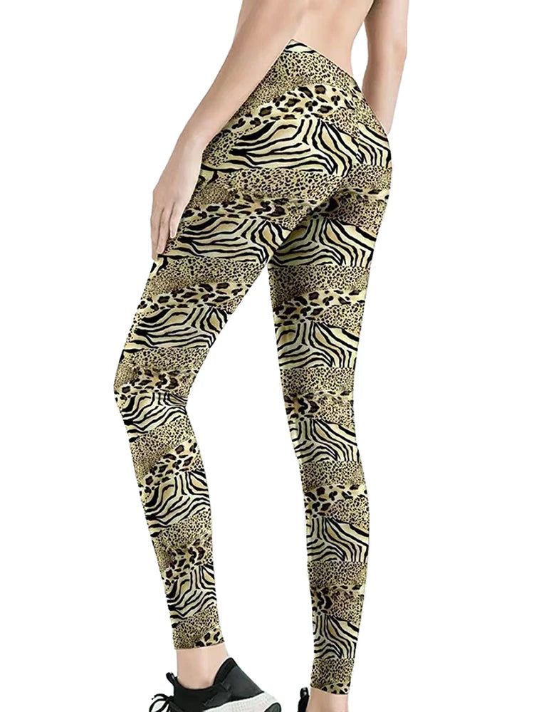 CUHAKCI Female Fitness Leggings Women Print Plaid Leggings Lady Sexy Slim Pencil Pants Push Up Elastic Waist Trousers New spliced leopard