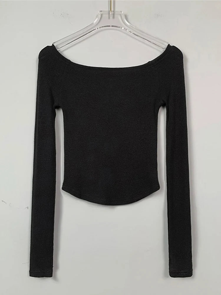 Sexy Slash Neck T Shirt Women Cotton Long Sleeves Cropped Tee Shirt Femme Slim T-shirt Female Black White Tops 2024 black One Size
