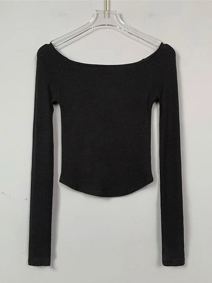 Sexy Slash Neck T Shirt Women Cotton Long Sleeves Cropped Tee Shirt Femme Slim T-shirt Female Black White Tops 2024 black One Size