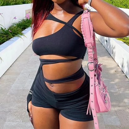 Women's Sexy Rompers Trendy Bodycon Irregular Hollow Out Holes Singel Sleeve Off Shoulder Y2k Playsuits Female Casual Streetwear