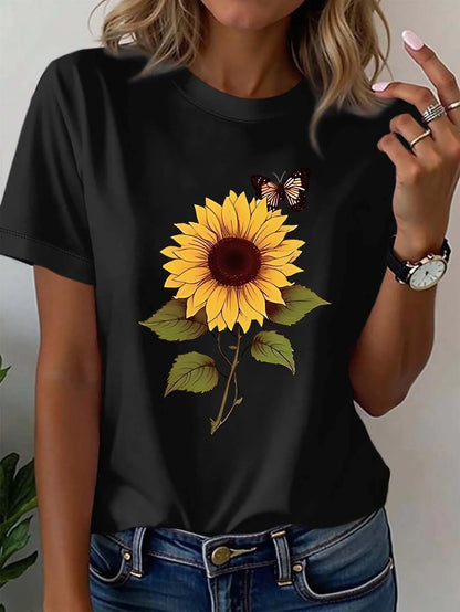 Plus - Size Sunflower & Butterfly Graphic Tee, Short - Sleeve black