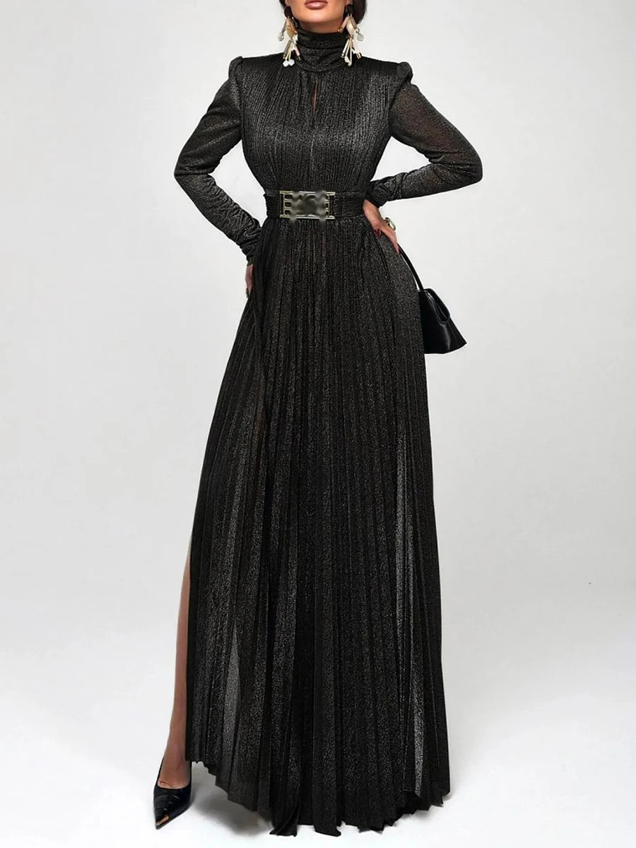 TWOTWINSTYLE Solid Spliced Belt Slimming Dresses For Women O Neck Long Sleeve High Waist Temperament Long Dress Female Clothes