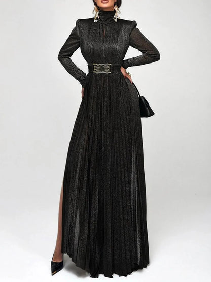 TWOTWINSTYLE Solid Spliced Belt Slimming Dresses For Women O Neck Long Sleeve High Waist Temperament Long Dress Female Clothes