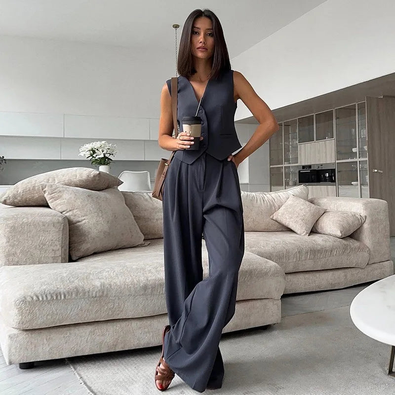 casual sleeveless suit set office lady spring summer elegant slim v-neck blazer tops pants two piece set women outfit 2024