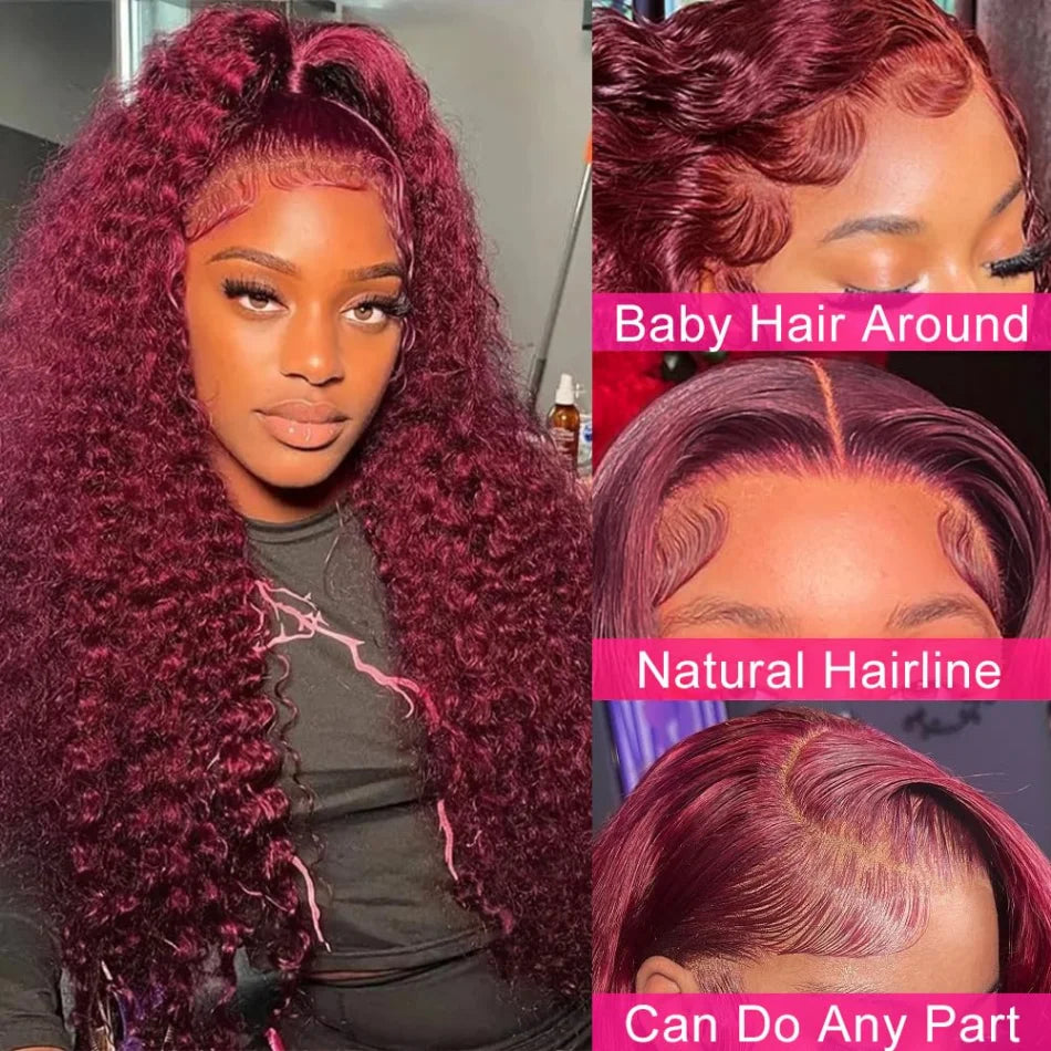 30 36Inch 99J Burgundy 13x6 Hd Lace Frontal Human Hair for women Red Colored 13x4 Transparent Lace Curly deep wave frontal wig Badiee Stylez