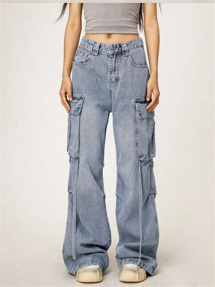 Women's Washed Blue Large Pocket Jeans Cool Girl High Waisted Fashion Loose Pants Female Straight Retro Denim Trousers Blue