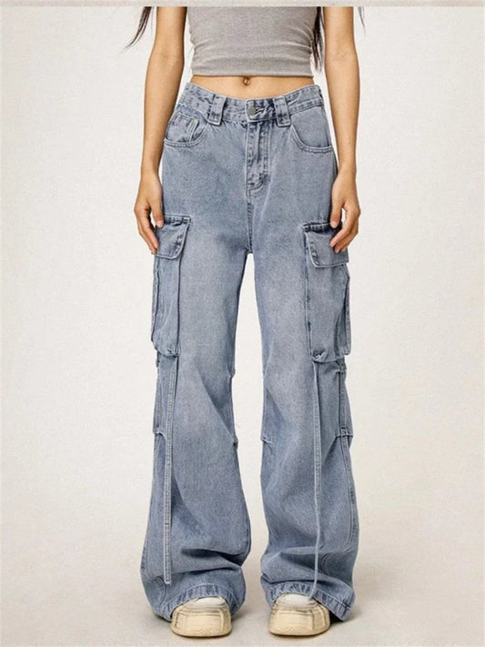 Women's Washed Blue Large Pocket Jeans Cool Girl High Waisted Fashion Loose Pants Female Straight Retro Denim Trousers Blue