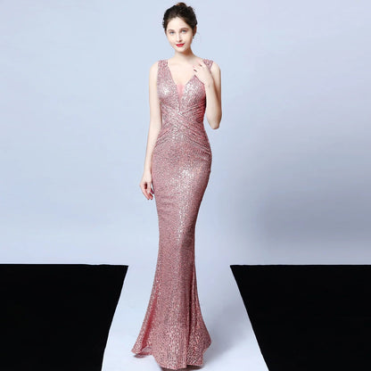 DEERVEADO Elegant V Neck Sequin Evening Dress Long 2025 New Women Mermaid Formal Dress Party Gown Bodycon Maxi Prom Dress Badiee Stylez