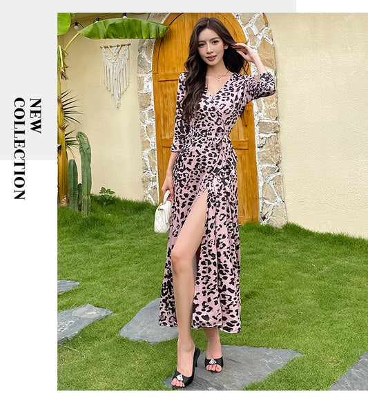 ZAROY Leopard Print Luxury Women Wrap Dresses Elegant V Neck Party Evening Long Dress Casual Belted Holiday Beach Robe Vestidos
