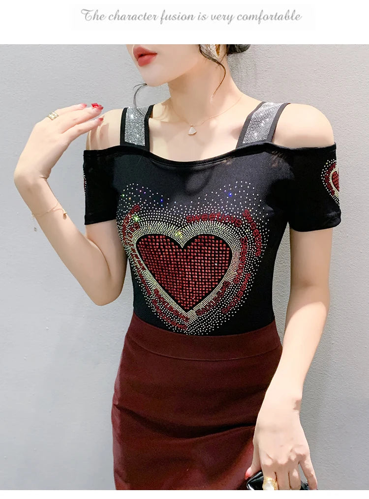 Aoxison Summer Short Sleeved Women's T-Shirt Elegant Slim Shiny Love Heart Diamonds Mesh Tops Chic Girl Sexy Off Shoulder Tees