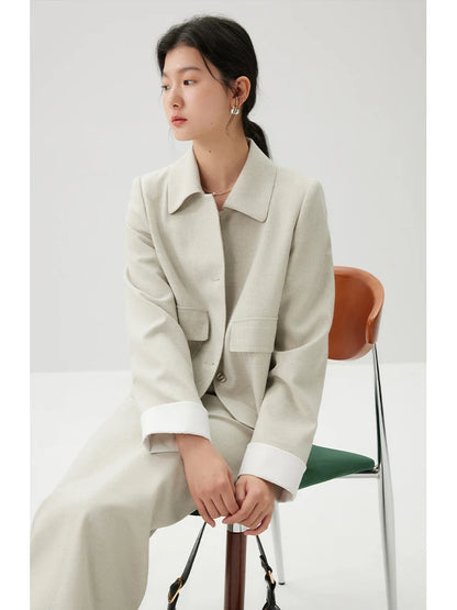 ZIQIAO Apricot Temperament Polo Neck Short Single Breasted Blazer Coat High Waist Zipper Waist Women Skirt 24ZQ91167+24ZQ91168