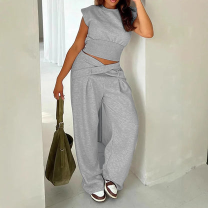 Women Plus Size Two Piece Set Daily Grey Casual Round Neck Casual High Street Waistcoat Pocket Pull-On Waist Two Piece Pant Sets Beige