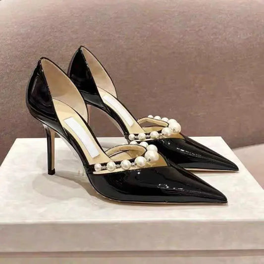 Spring/Summer New Pointed High Heels Hollow Fashion Banquet Pearl Hollow V-Mouth Women's Thin Heels Shallow Mouth Sandals