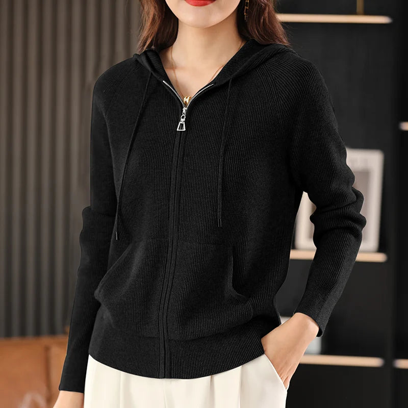 Women Cardigans Autumn Winter Turn-down Collar Zip Front Cardigan Thick Loose Sweater Basic Warm Knit Casual Korean Outerwear black