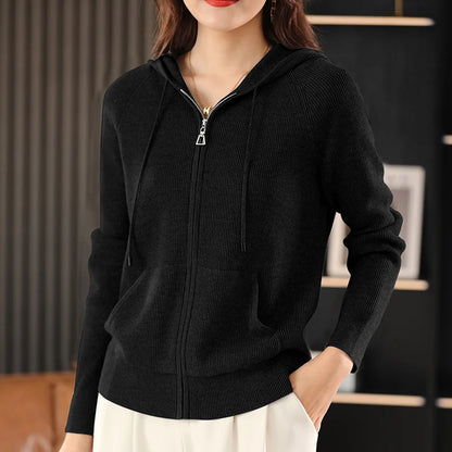Women Cardigans Autumn Winter Turn-down Collar Zip Front Cardigan Thick Loose Sweater Basic Warm Knit Casual Korean Outerwear black