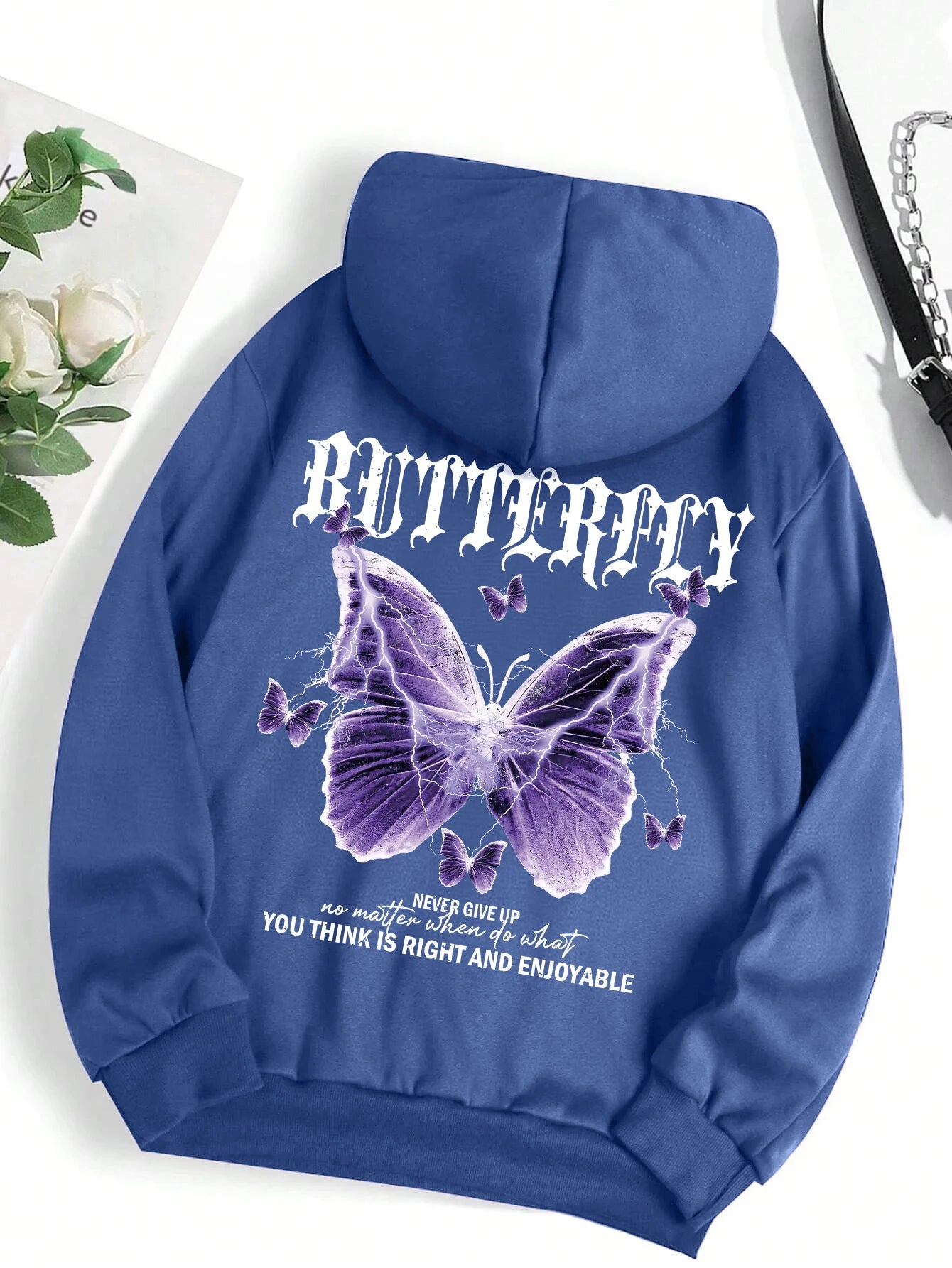Beautiful Purple Butterfly Printing Hoodies Women Fleece Pocket Hoody Simple Casual Hoodie Autumn Loose Female Streetwear Haze Blue