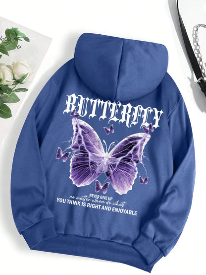 Beautiful Purple Butterfly Printing Hoodies Women Fleece Pocket Hoody Simple Casual Hoodie Autumn Loose Female Streetwear Haze Blue