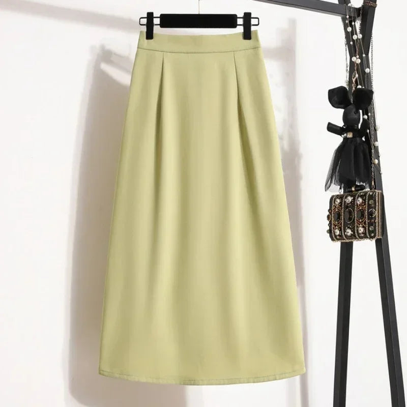 2025 Summer Female Fashionable Versatile Solid Skirts High Waisted Mid Length A-line Plus Size Skirt Split Wrap Body Skirt