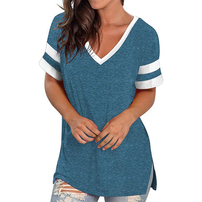 2024 Europe and the United States spring and summer new women's base shirt solid color V-neck splicing short sleeve loose T-shir Blue