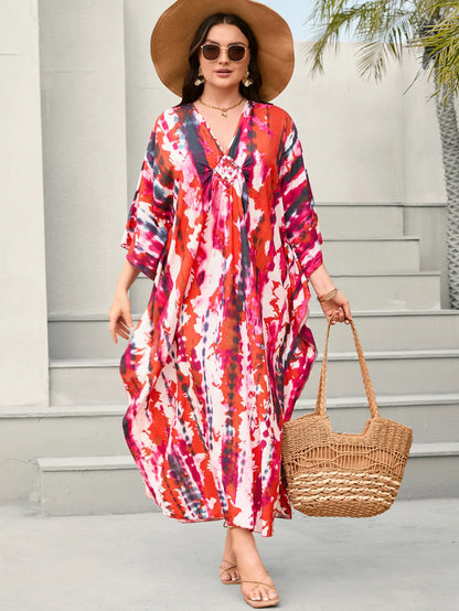 Plus Size Women Floral Print Kaftan Dresses Plus Size Swimsuit Coverup Summer Bathing Suit Caftan Loungewear Beach Dress 5DB245-23 One Size