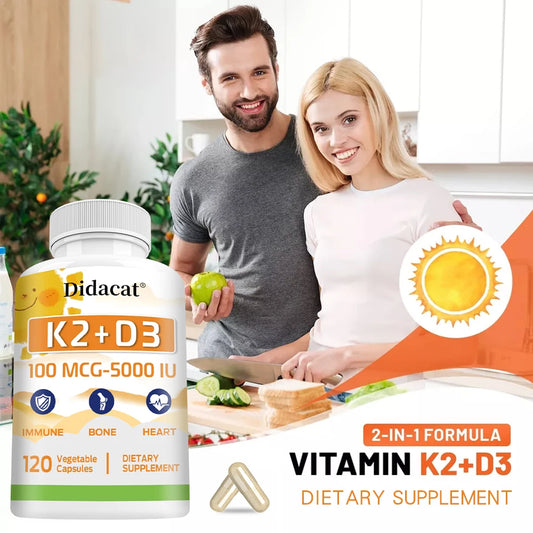 Vitamin K2 + D3 100mcg-5000IU Capsules - Dietary Supplement for Immune, Bone, Heart, Dental, and Cardiovascular Support