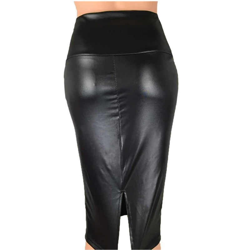 Leather Skirt Back Split Women Sexy Bodycon Pencil Skirt Sexy Office Lady Pencil Package Skirts High Waist Summer Long Skirt Black 02