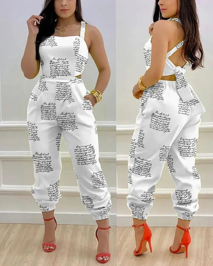New Summer Fashion Printed Sleeveless Jumpsuit Sexy Hollow Backless Lace Up Long Jumpsuits Elegant Casual Jumpsuit With Pocket Badiee Stylez