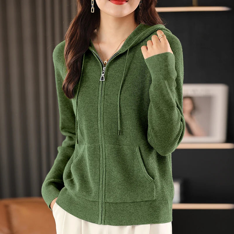 Women Cardigans Autumn Winter Turn-down Collar Zip Front Cardigan Thick Loose Sweater Basic Warm Knit Casual Korean Outerwear green
